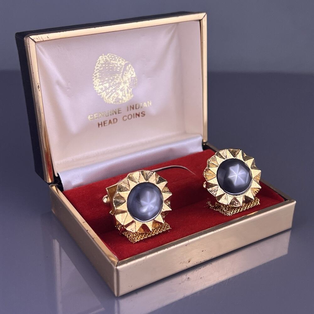 Gray Star Cabochon Sun Burst Wrap Around Cufflinks Gold Tone Round NOS Vintage